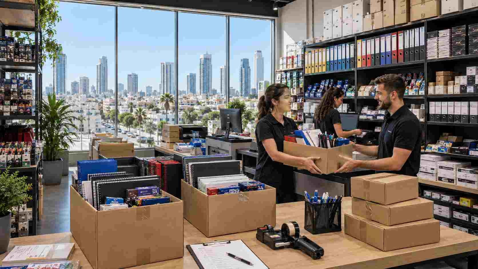 סצנה של תחנת אריזות משרדית מודרנית